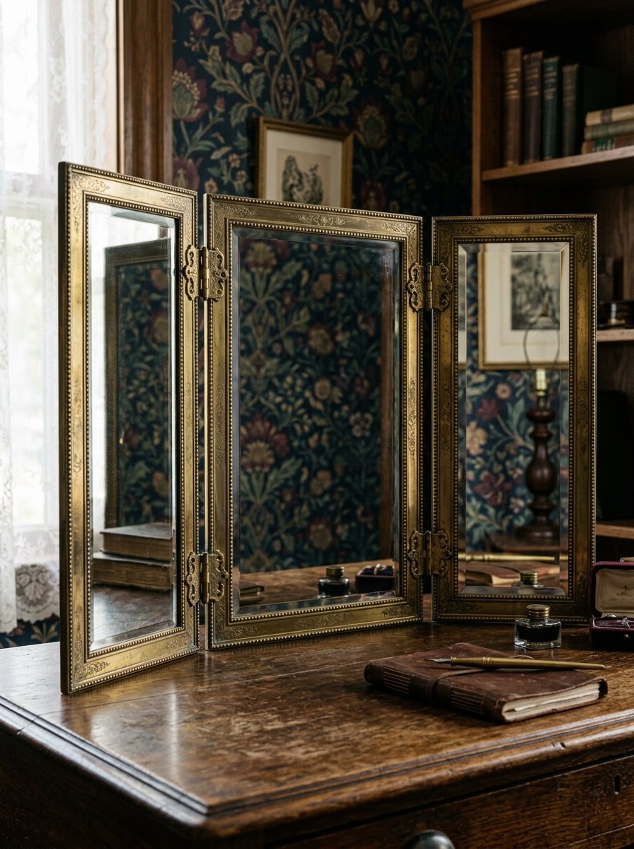 An antique tri-fold brass mirror reflecting a moody study interior on a dark wood desk surface.