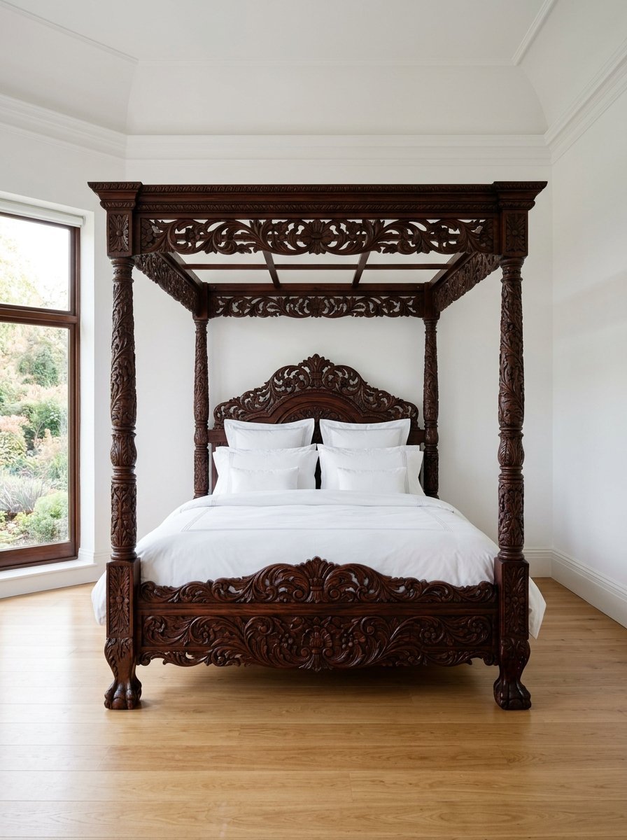 An elaborate wooden antique-style canopy bed with carved floral motifs stands in a bright room with hardwood floors.