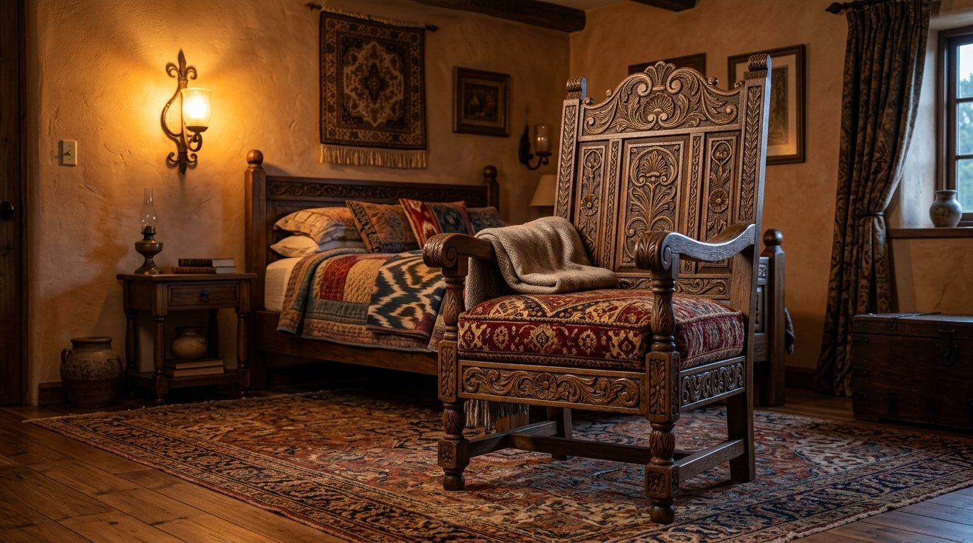 A detailed dark wood chair with patterned upholstery sits on a rug in a dimly lit, vintage-style bedroom.