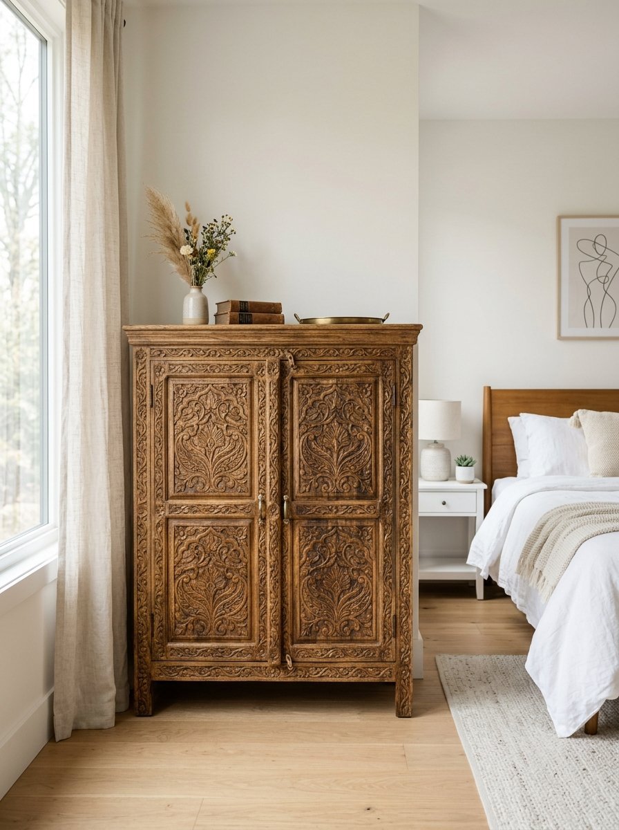 A rustic brown wooden storage cabinet with ornate floral carvings standing next to a bed in a bright bedroom.