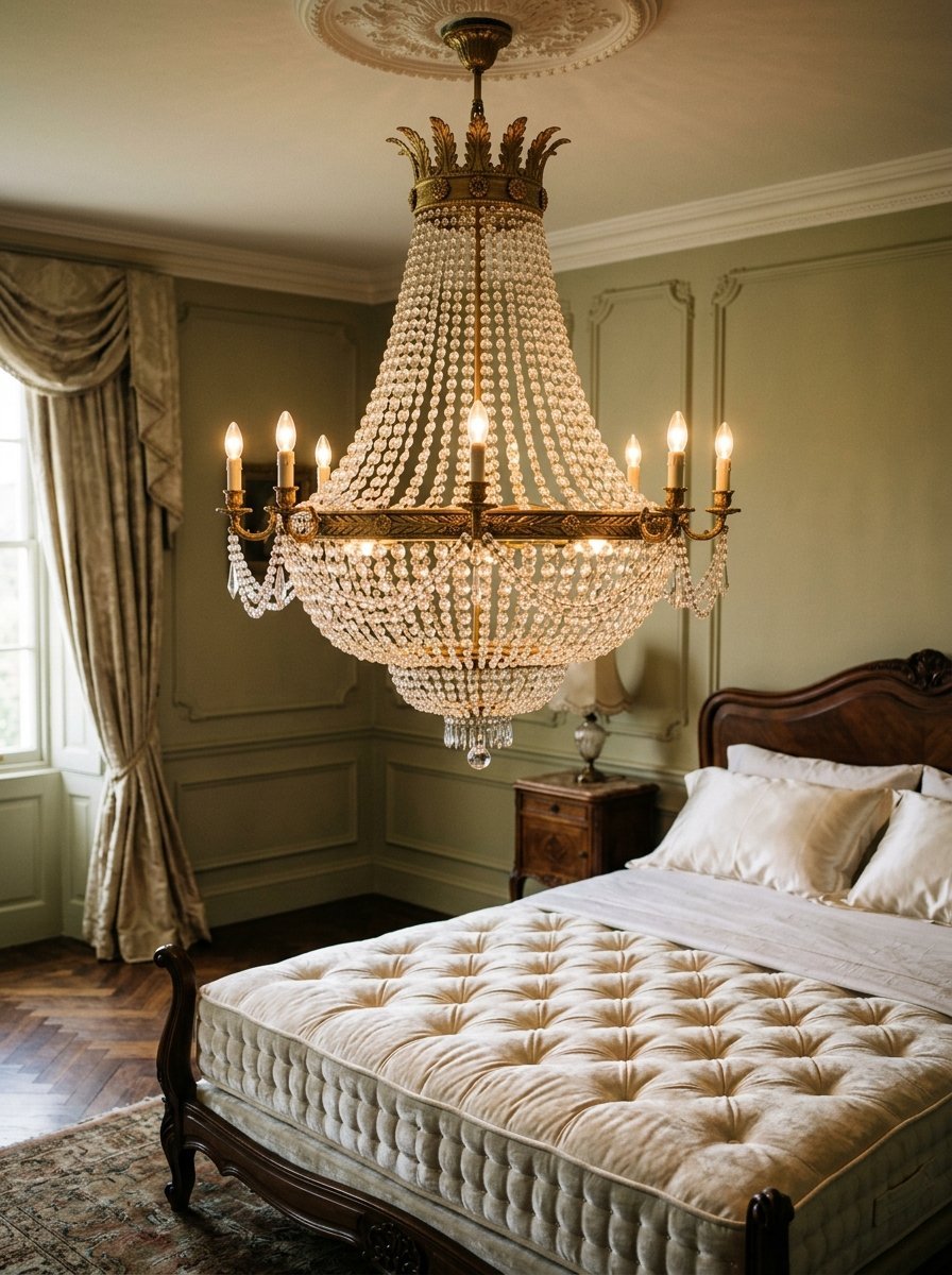 A large, multi-tiered crystal chandelier with gold accents suspended above a tufted beige bed in a sage green room.