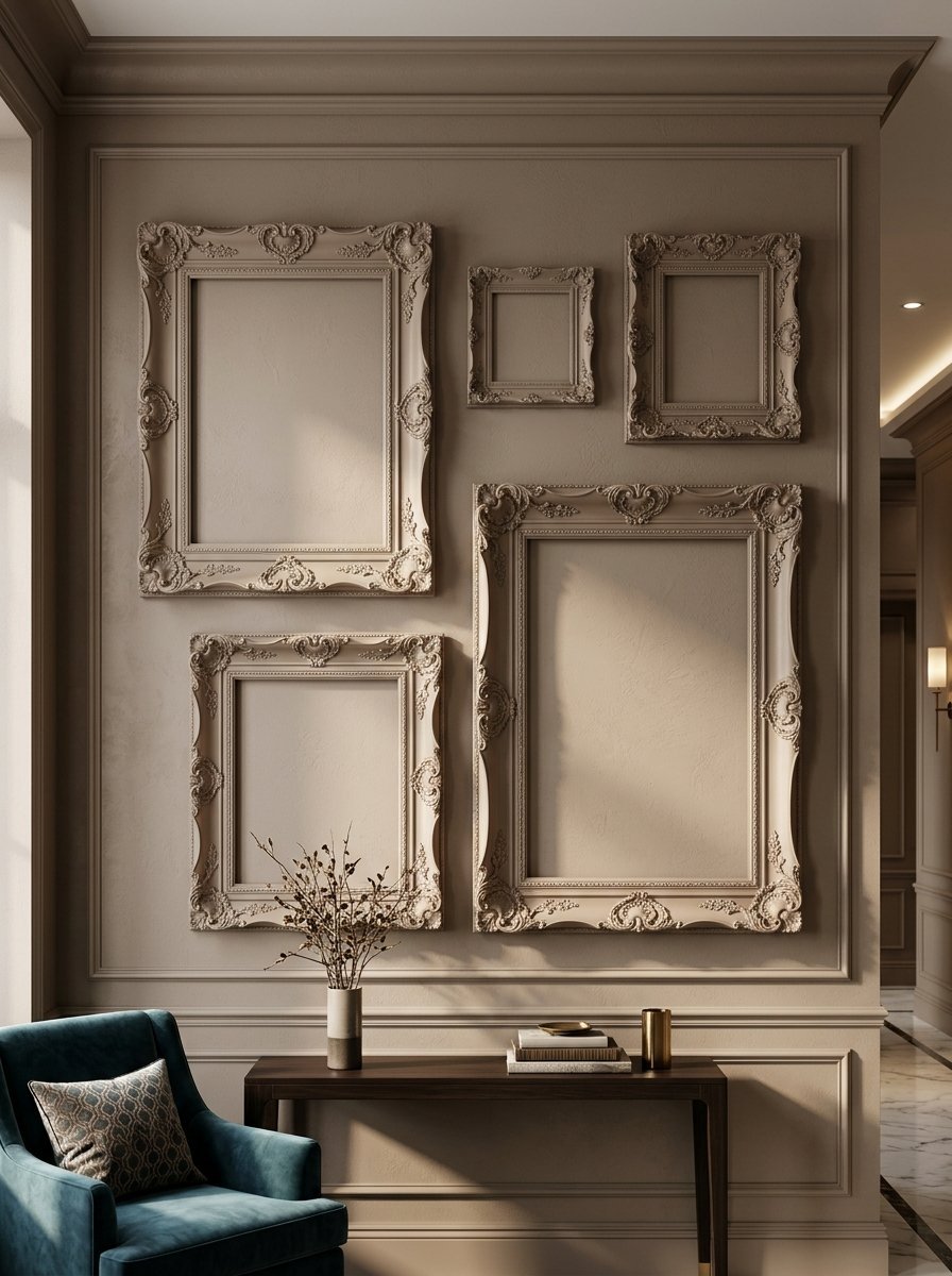 Collection of decorative beige frames mounted on a wall above a dark wooden console table.