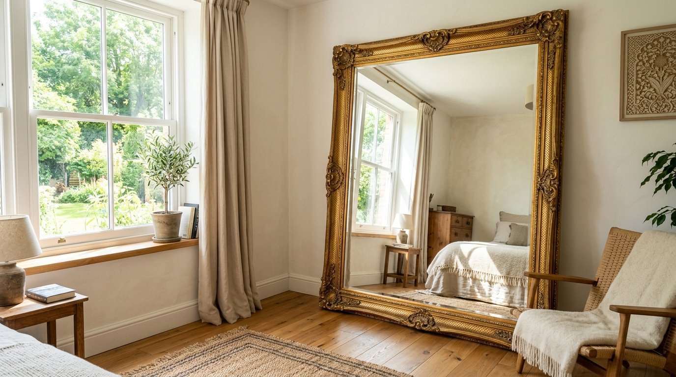 A massive antique gold-framed mirror stands on wood floors in a sunny room, reflecting a bed and window.