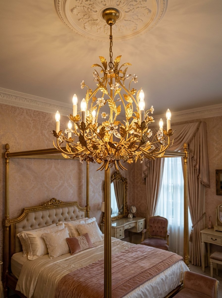 A gold chandelier with floral details hangs above a canopy bed in an elegant room with pink damask wallpaper.