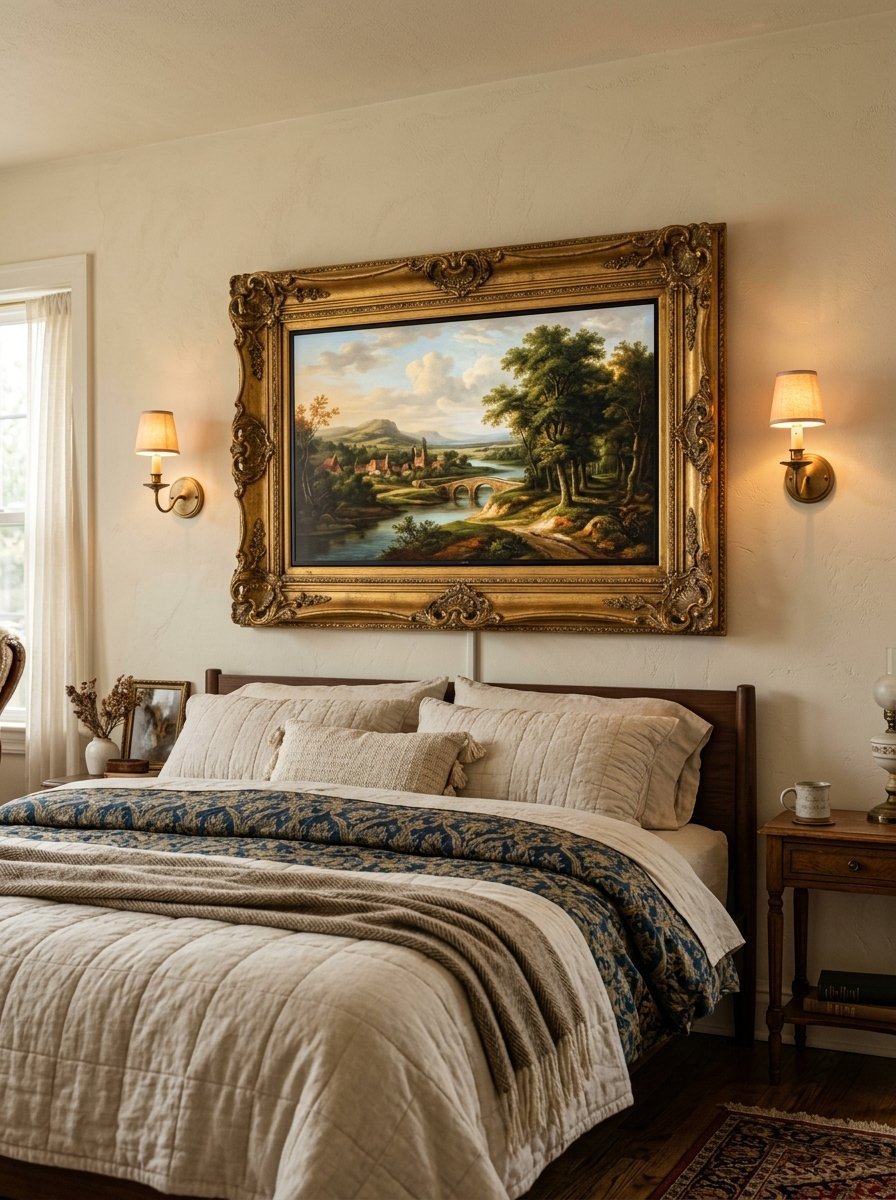 A classical oil painting of a river landscape hanging over a rustic bedroom bed with wall sconces.