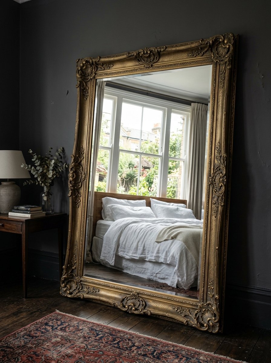 A decorative antique gold floor mirror stands against a dark grey wall, reflecting a bed with white linens.