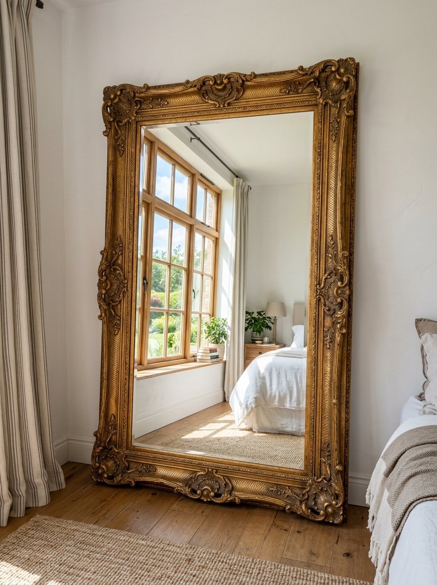 A decorative gold mirror leaning against a bedroom wall, showing a reflection of a window, bed, and houseplant.