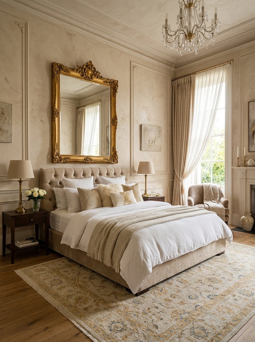 A luxurious bedroom with a tufted beige bed, gold mirror, and crystal chandelier in a classic interior design style.