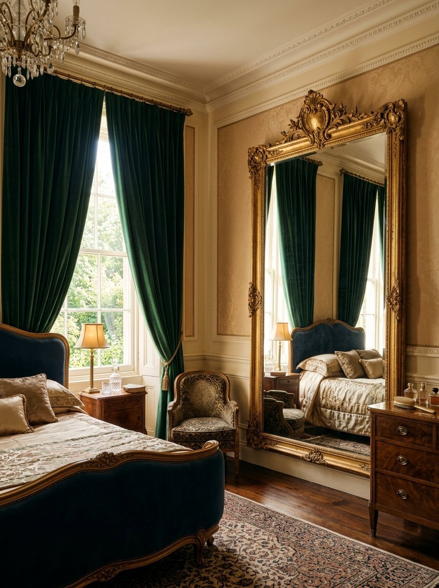 Large golden baroque mirror reflecting a bed and dark green curtains in a classic bedroom interior.