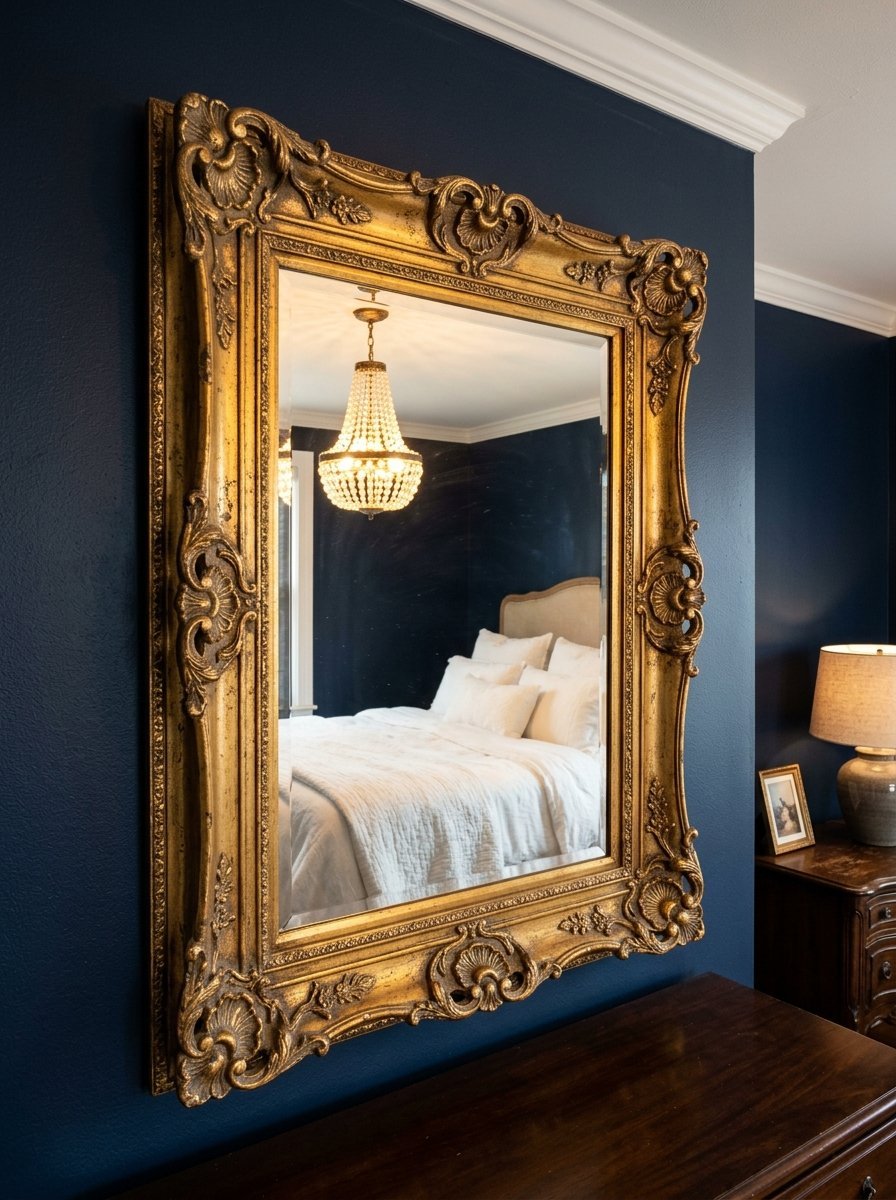 Decorative antique-style gold mirror mounted on a dark navy blue wall, showing a bedroom reflection with a chandelier.
