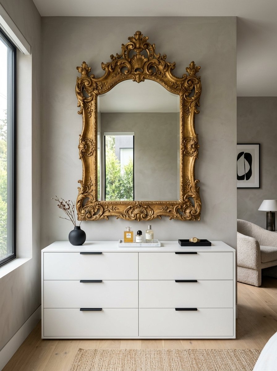 A large, antique-style gold mirror hangs over a clean, white modern dresser with black drawer handles.
