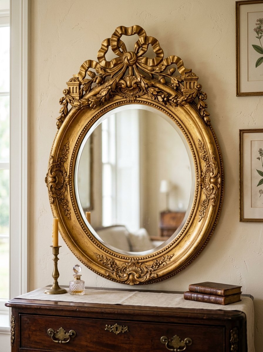 An ornate oval gold-framed mirror hangs above a dark wooden dresser with a small candle and old books.