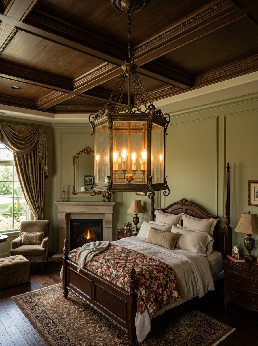 A luxurious bedroom with a coffered wooden ceiling, sage green walls, a canopy bed, and a large iron lantern fixture.