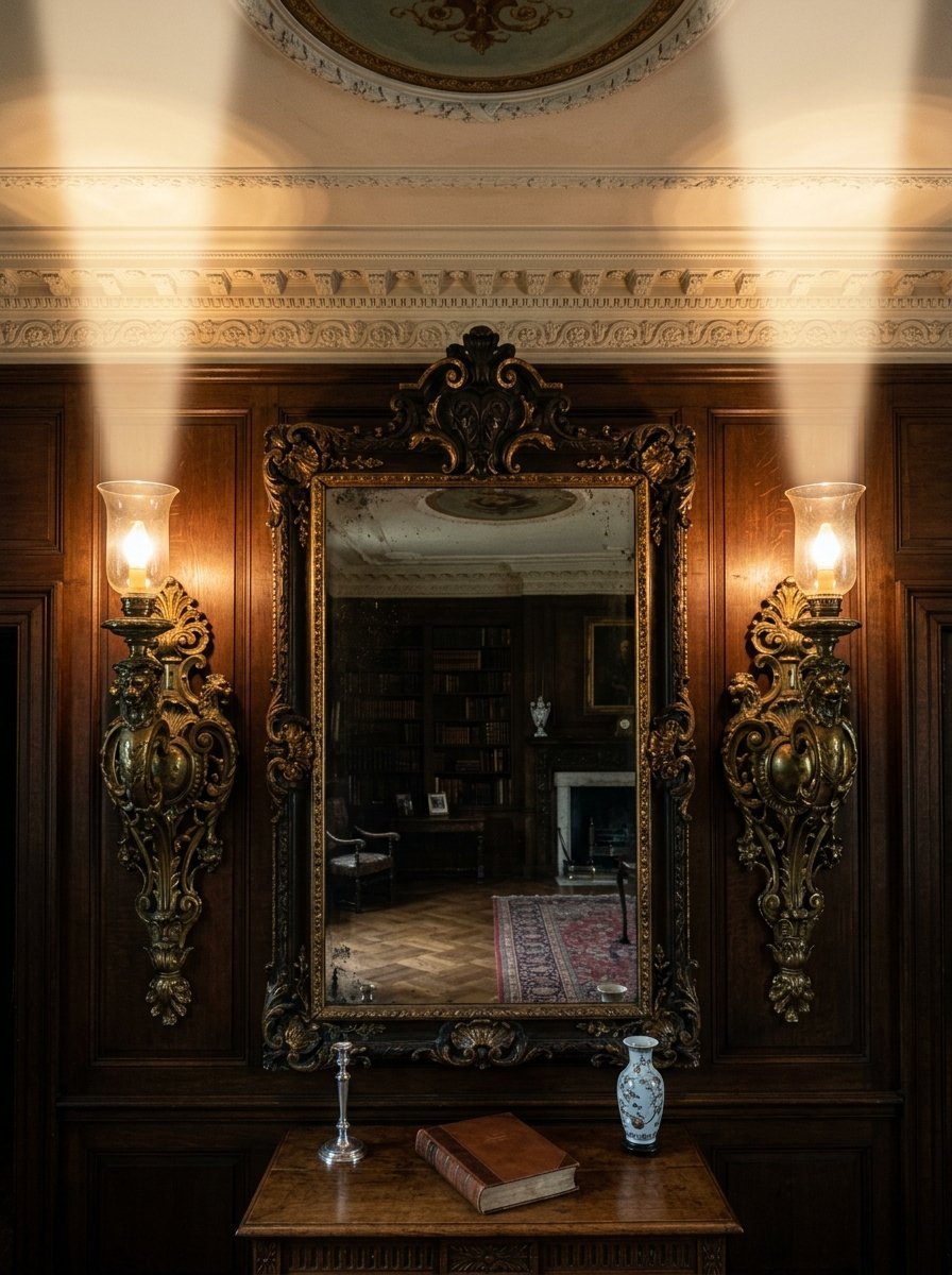 Reflective glass framed in wood with library room reflection and twin glowing light fixtures on dark paneling.