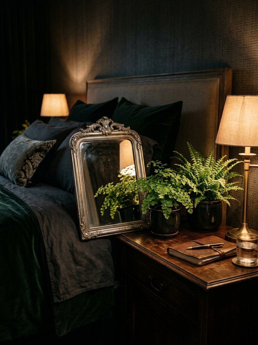 Ornate silver mirror, potted ferns, and a leather journal on a dark wooden nightstand in a moody bedroom.