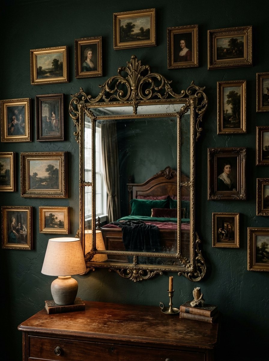 An ornate antique mirror hanging on a dark green wall surrounded by various framed classic landscape and portrait art.