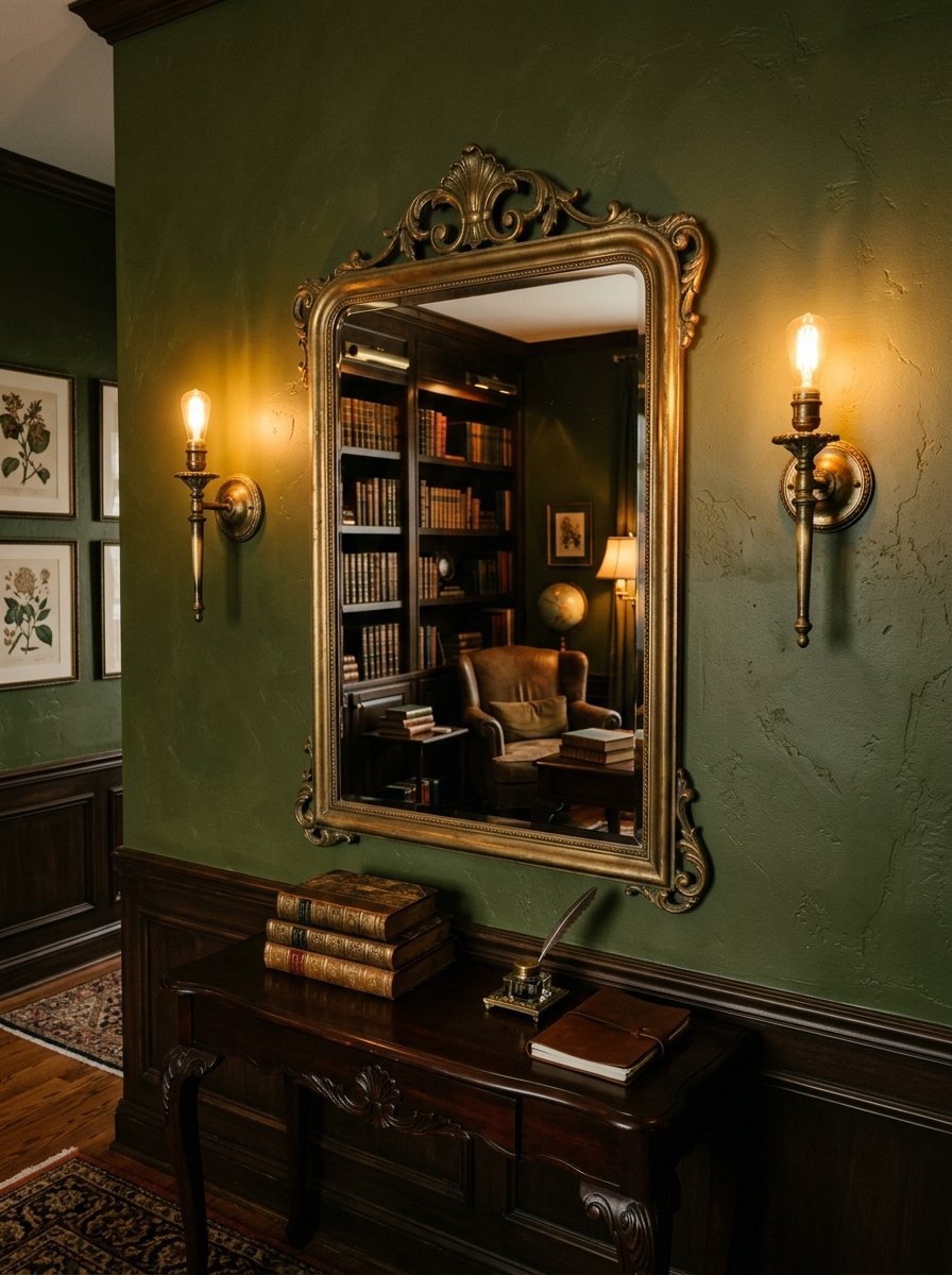 An ornate gold-framed mirror reflecting a study room with leather armchair and bookshelves on olive green walls.