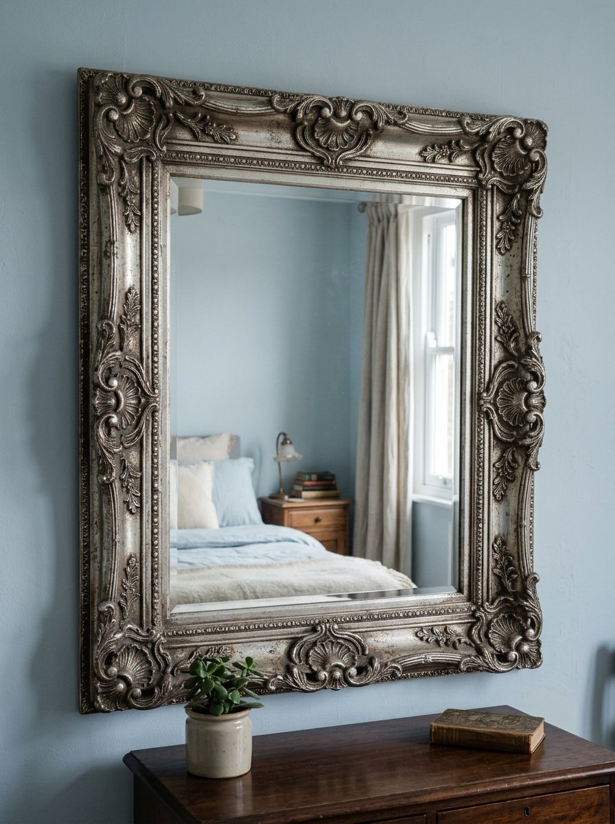 A rectangular mirror with a decorative antique silver frame mounted above a dark wood dresser.
