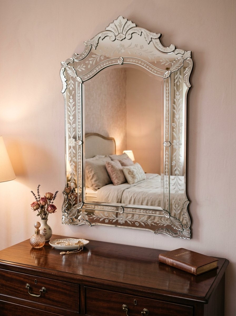 Decorative antique-style wall mirror with floral engravings hanging above a wooden dresser.
