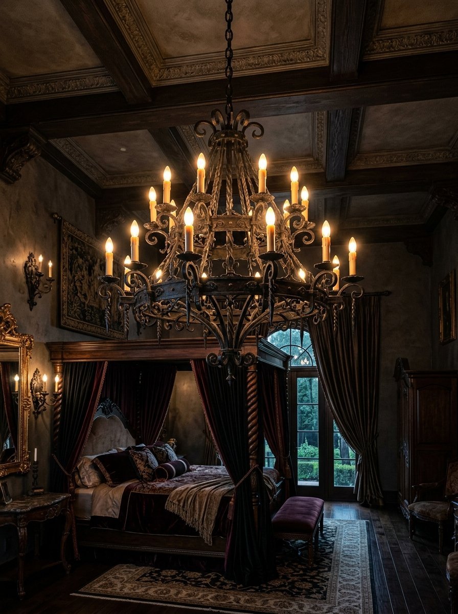 Large rustic metal chandelier illuminating a moody bedroom with velvet curtains and dark wood furniture.
