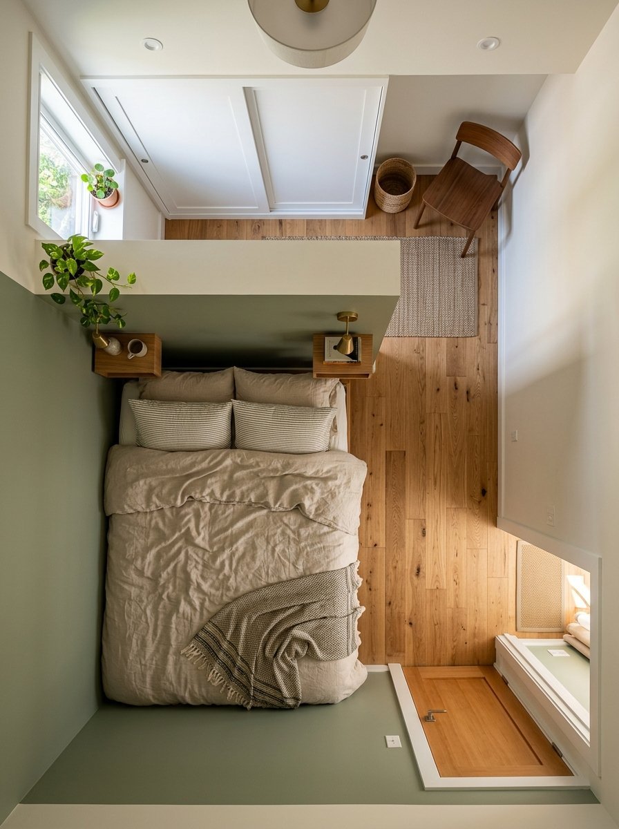 Top-down view of a small bedroom with a beige bed, wooden chair, and green accent walls.