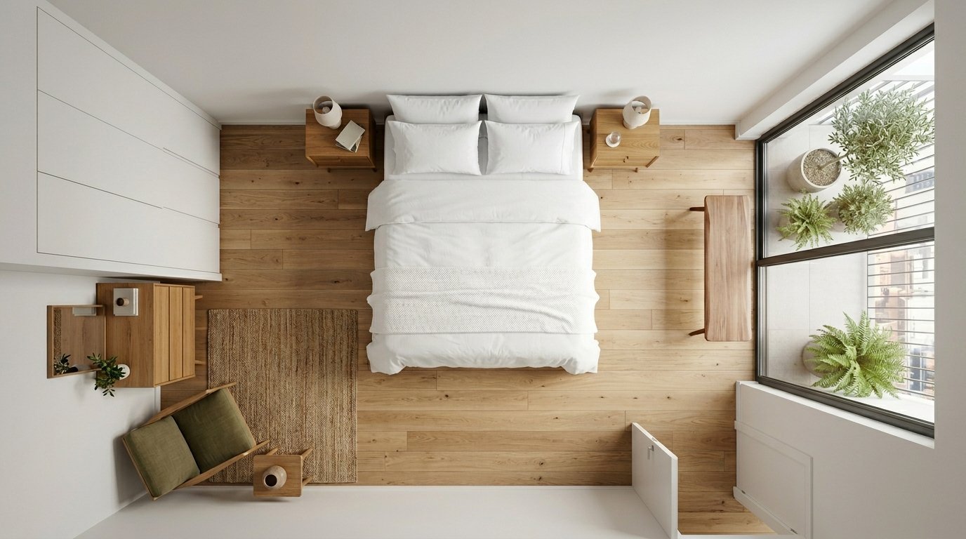Top-down view of a bright bedroom featuring a white bed, wooden nightstands, a green armchair, and a balcony with plants.