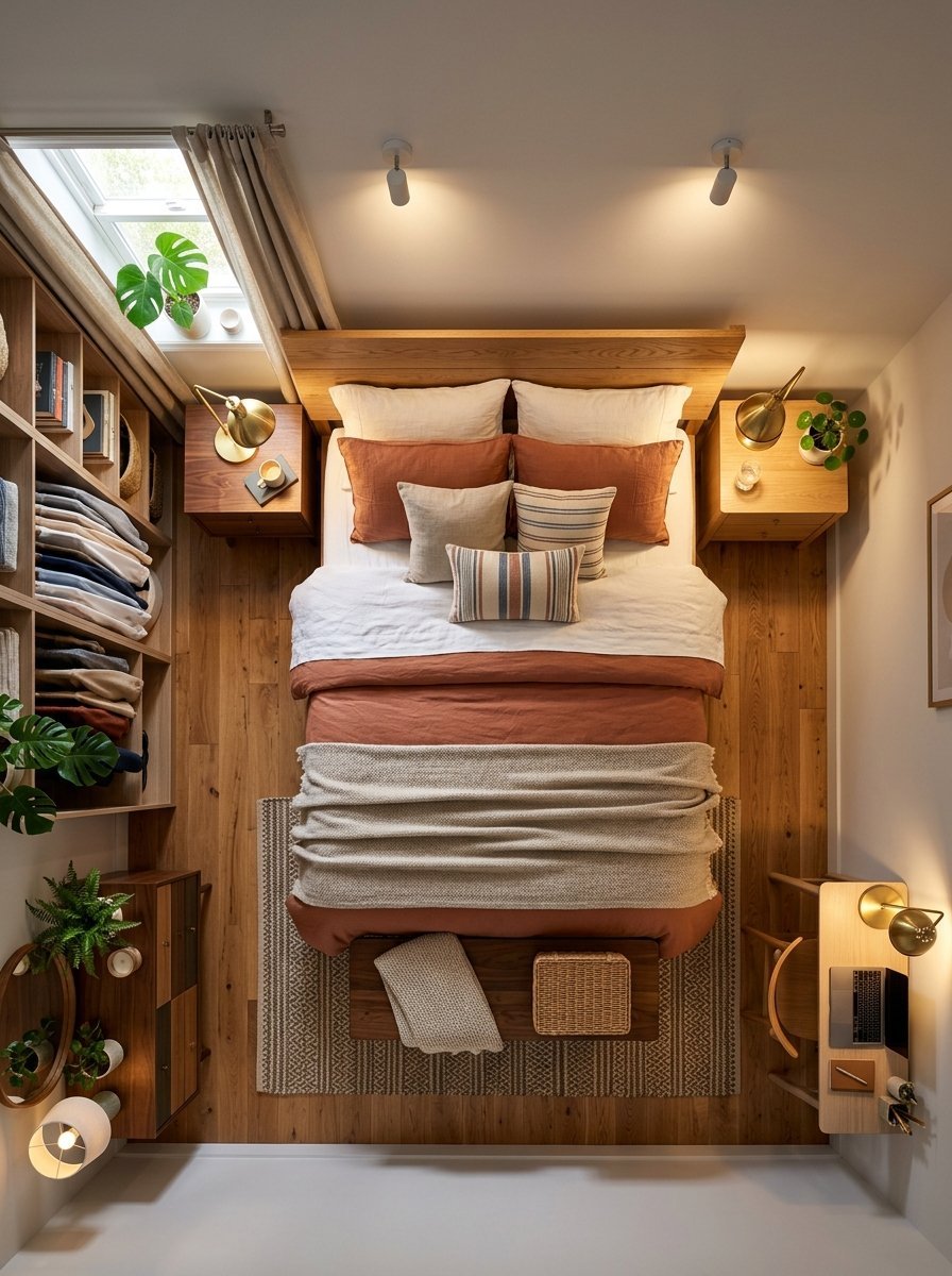 An overhead shot of a bedroom featuring a wooden bed, patterned throw pillows, and organized built-in shelving.