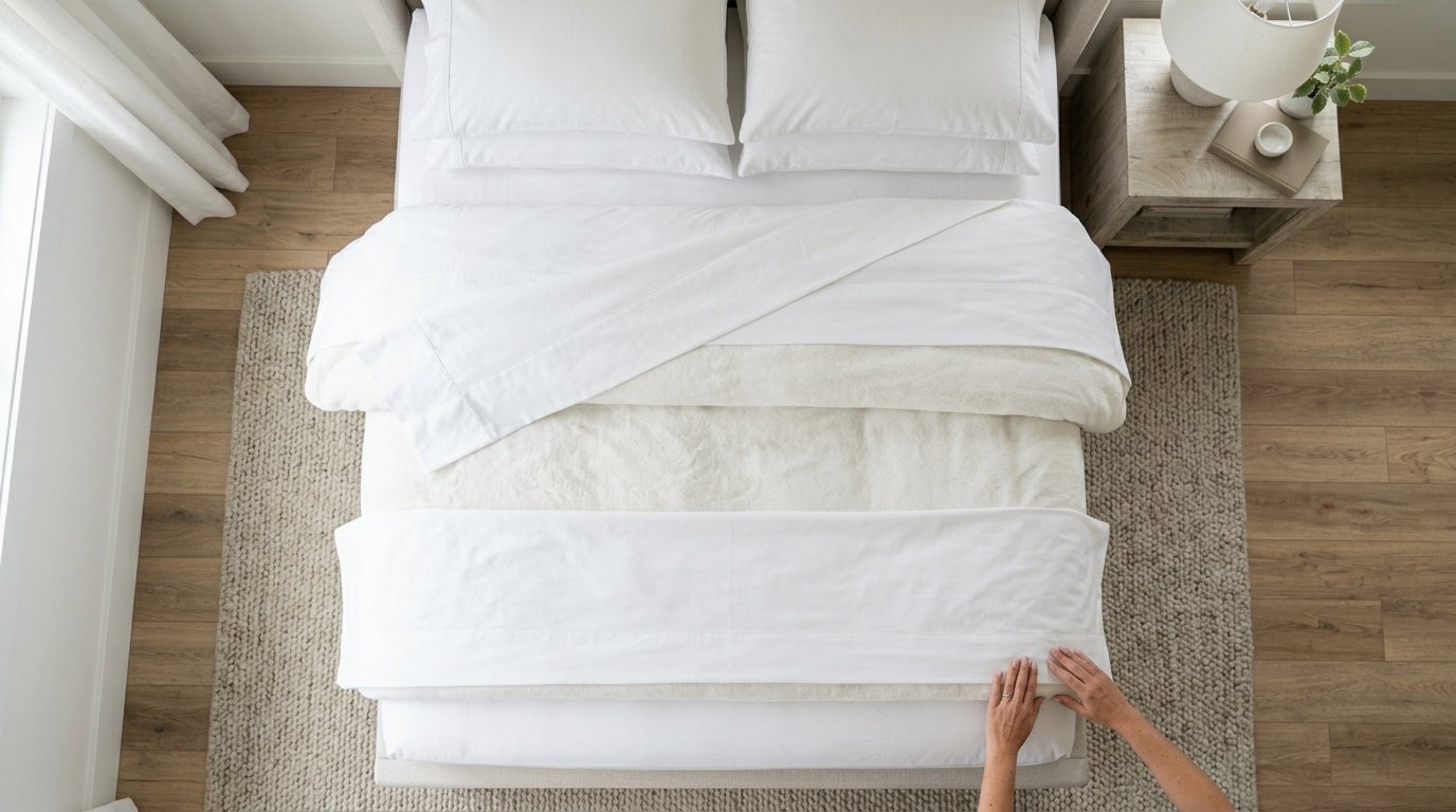 Top-down view of person adjusting crisp white linens on a neatly made bed over a textured area rug.