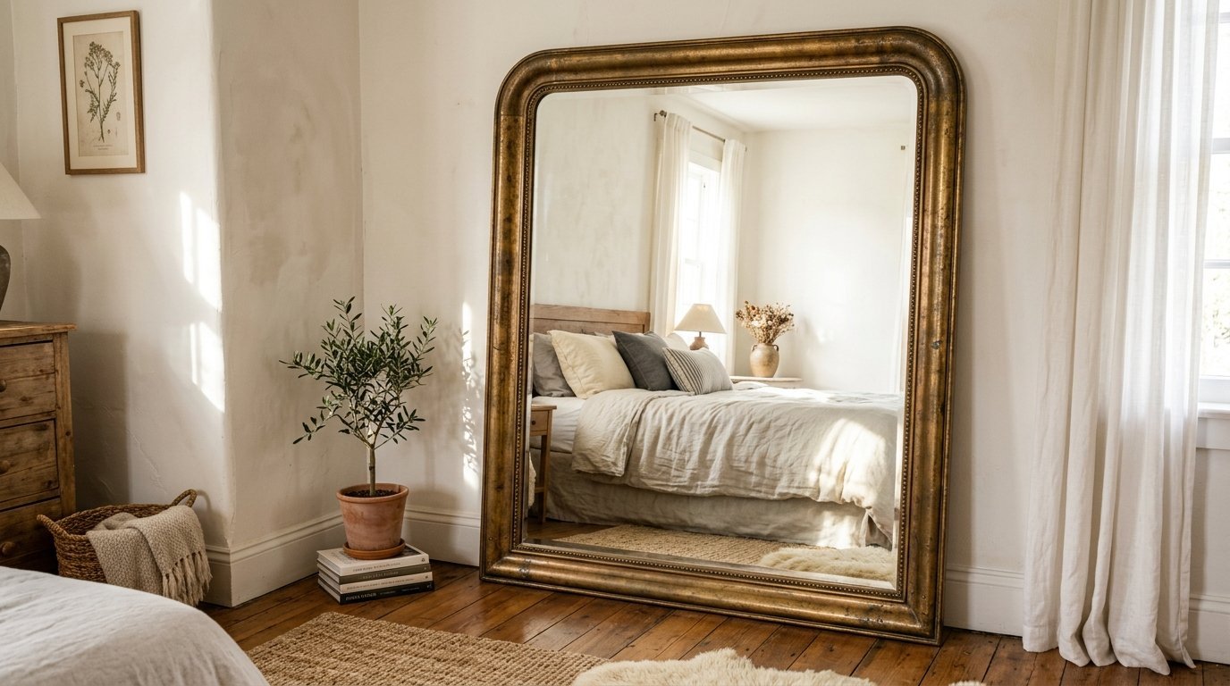 A massive antique gold mirror leans against a wall reflecting a neutral bedroom with a made bed and sunlight.