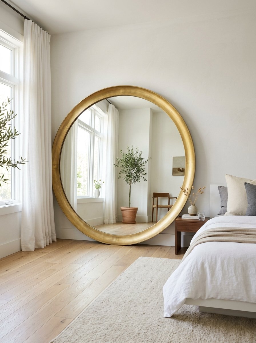 A giant round gold-framed mirror leaning against a white wall next to a bed with light bedding and wood floors.