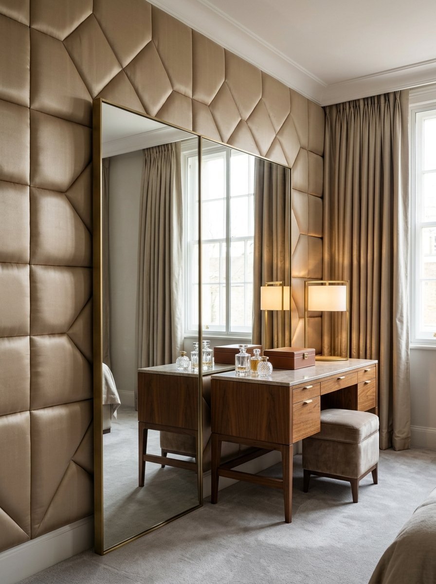 Wooden vanity desk with mirror and lamp placed against a diamond-tufted champagne-colored upholstered wall.