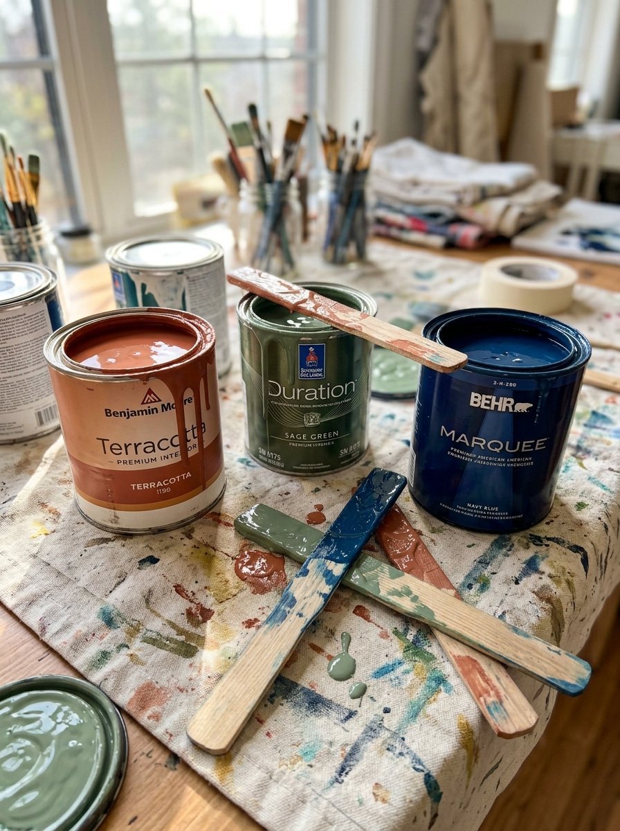 Cans of colorful interior paint sit on a cloth-covered workspace with wood stir sticks resting on top.