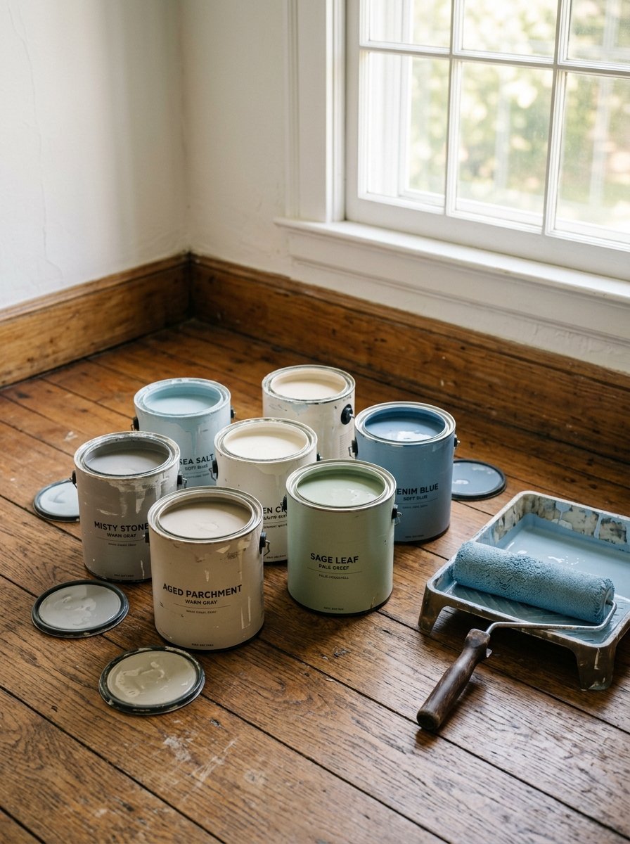 Several open paint cans in neutral and blue tones sitting on a wood floor next to a blue paint-covered roller.