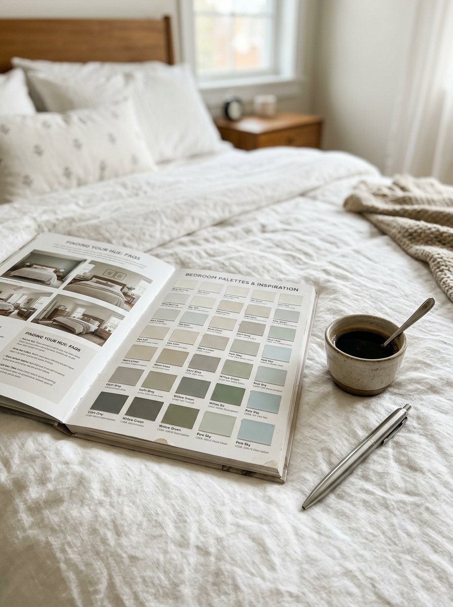 An open color palette book resting on a textured white linen bedspread next to a cup of coffee and a metal pen.