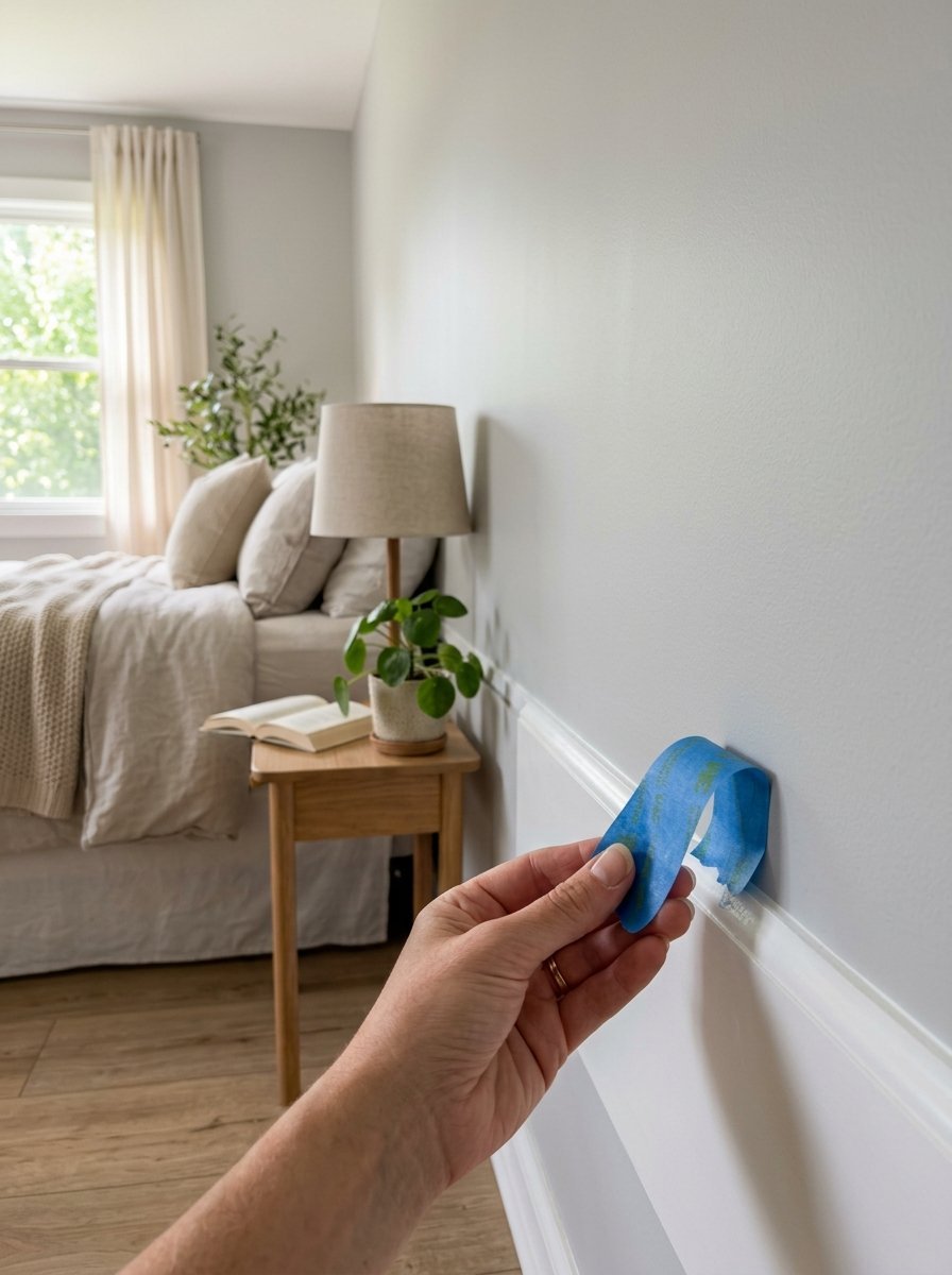 Close up of a person removing blue masking tape from decorative wall molding in a bedroom.