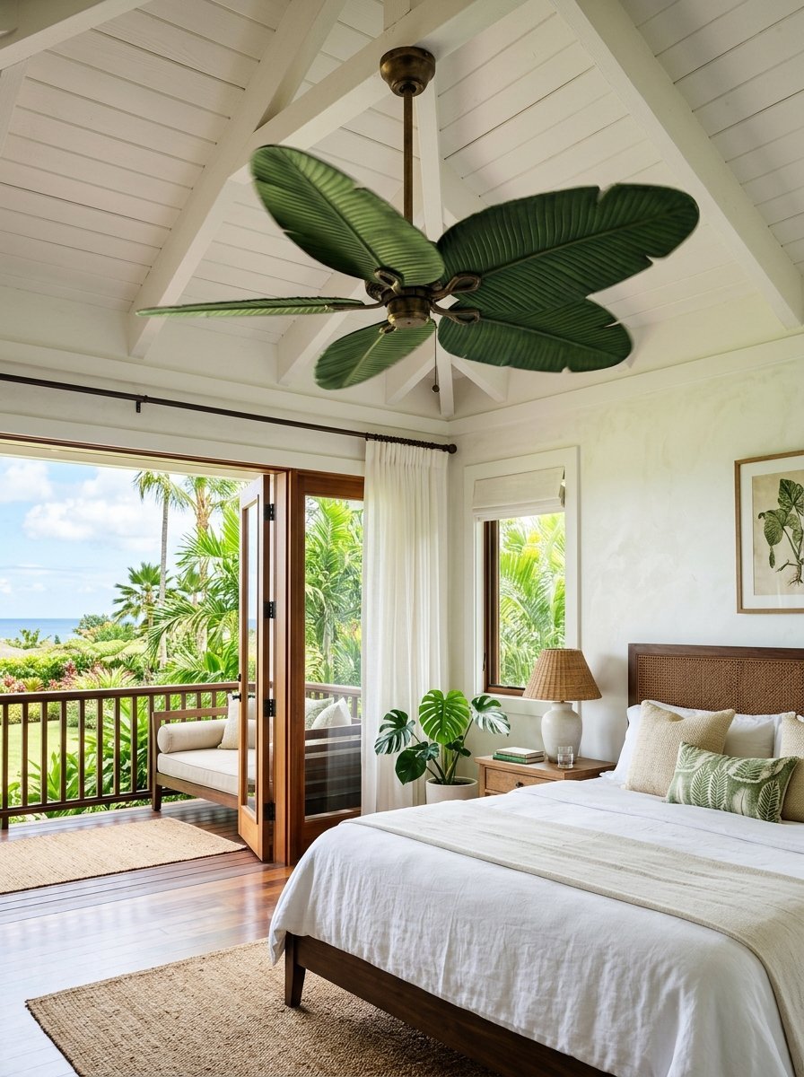 A bedroom with a ceiling fan with blades shaped like large green palm leaves, opening to an ocean view balcony.