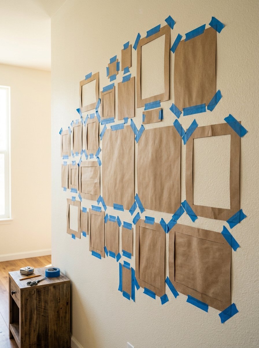 Brown paper frames taped to a light wall to visualize a gallery wall arrangement.