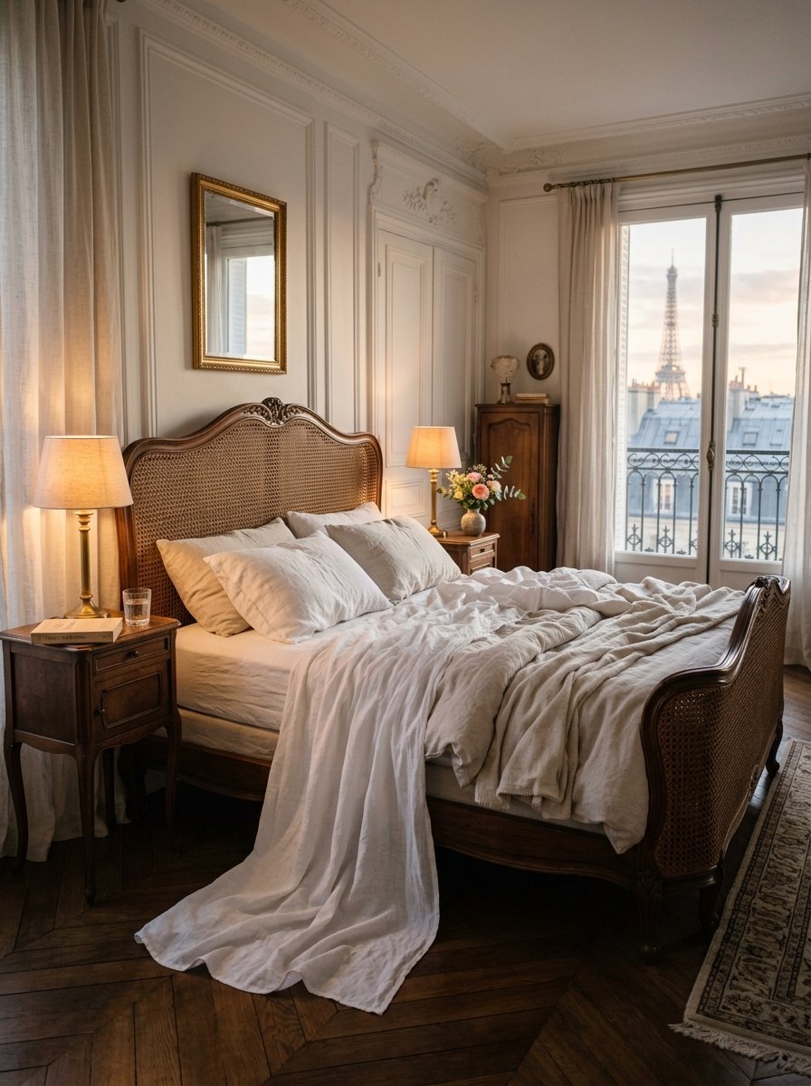 Classic bedroom with cane bed frame overlooking the Eiffel Tower from a balcony.