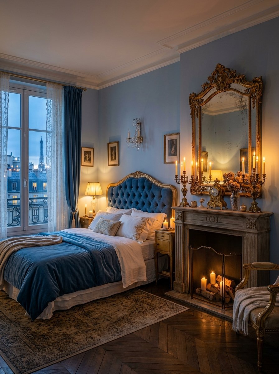 A romantic bedroom with blue velvet decor, a burning fireplace, and a window view of the distant Eiffel Tower.