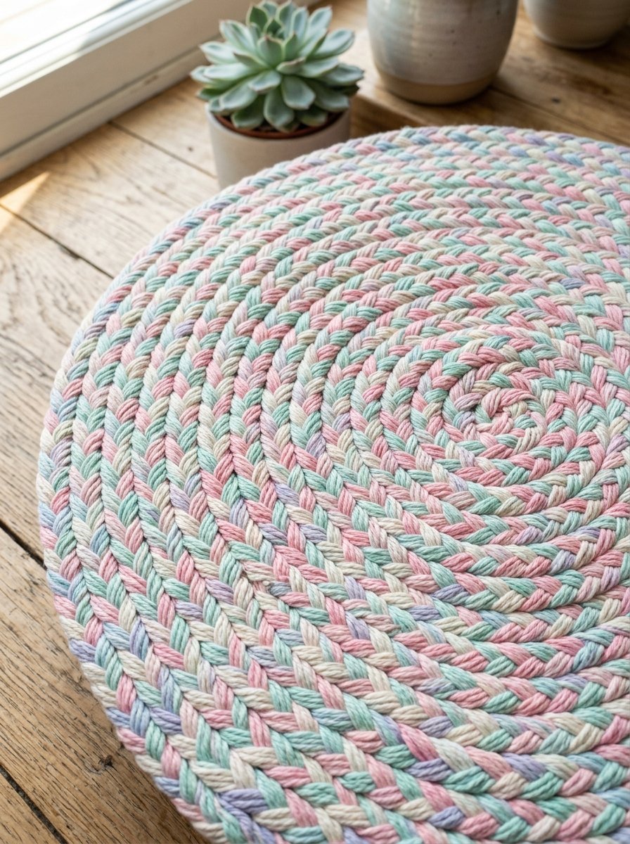 Top-down view of a round textured mat woven from pink, blue, and cream cotton rope.