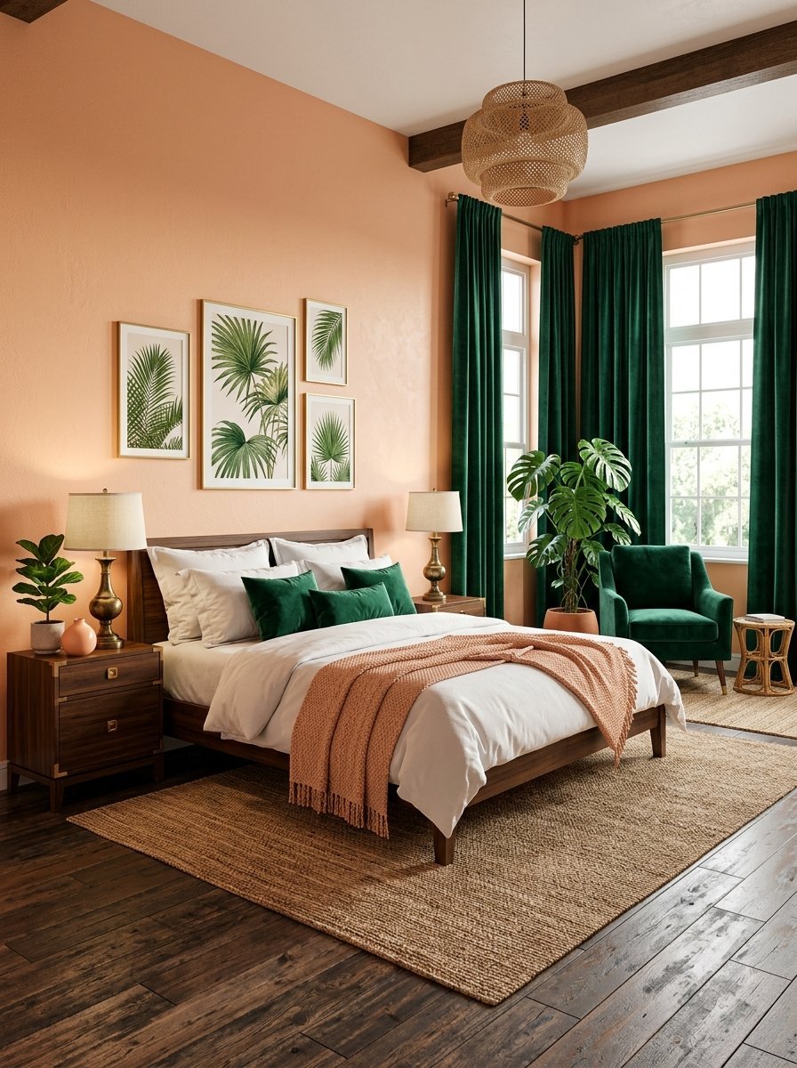 Bedroom with peach walls, wooden furniture, dark green curtains, a velvet chair, and botanical wall art prints.