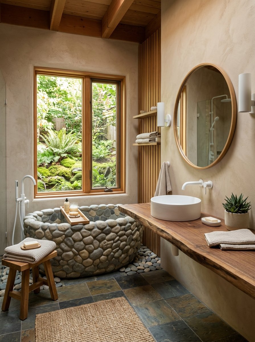 Round bathtub made of river stones sits next to a window overlooking a lush garden in a modern bathroom.