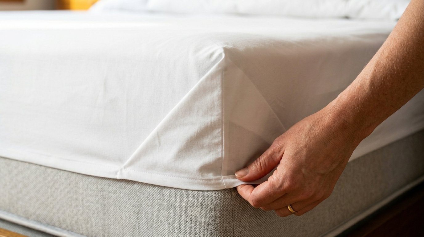 Close-up of a person pulling a white elastic bed sheet corner over a gray upholstered mattress base.