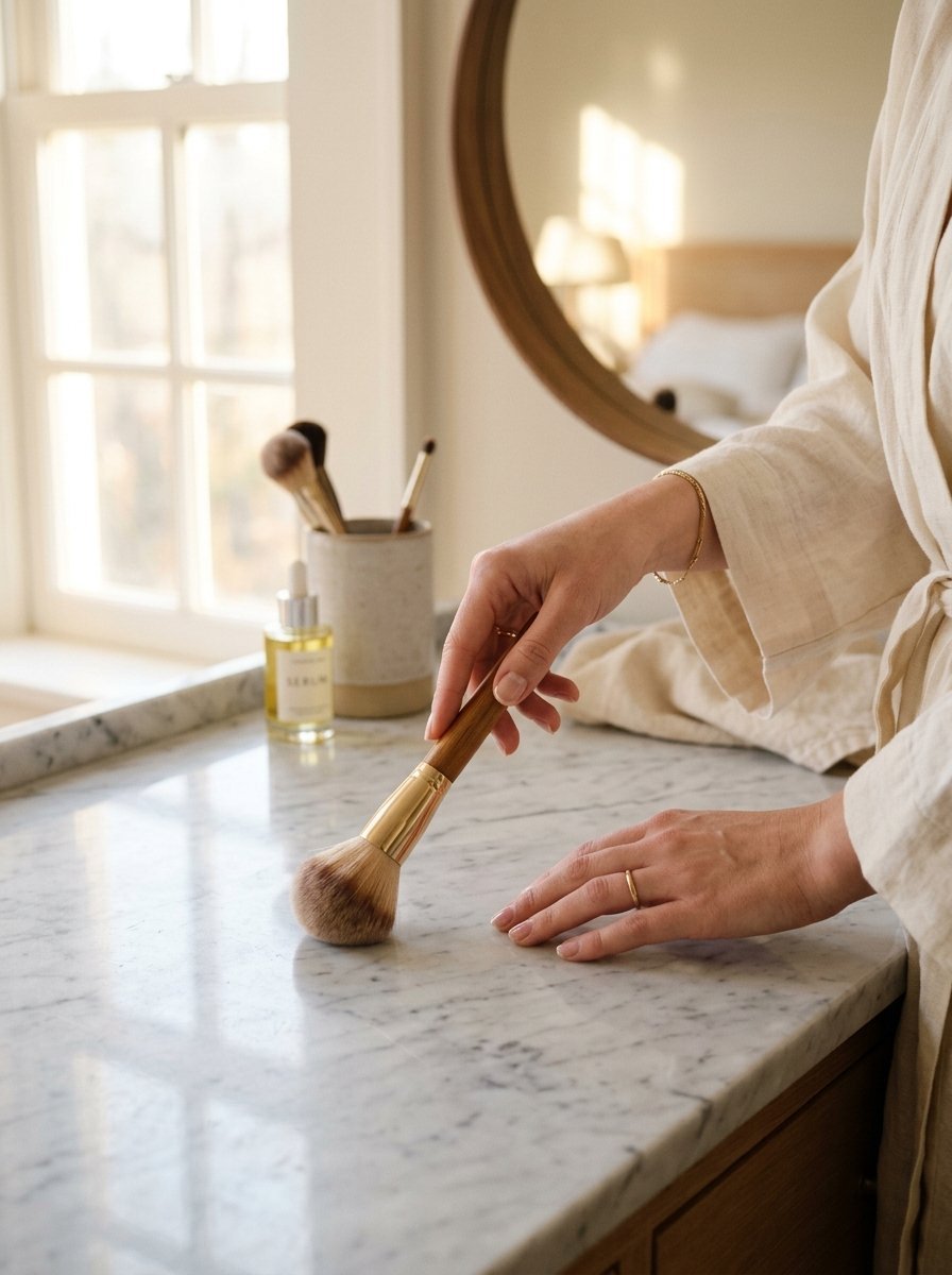 Close-up of a person with gold rings holding a makeup brush on a white marble bathroom countertop.