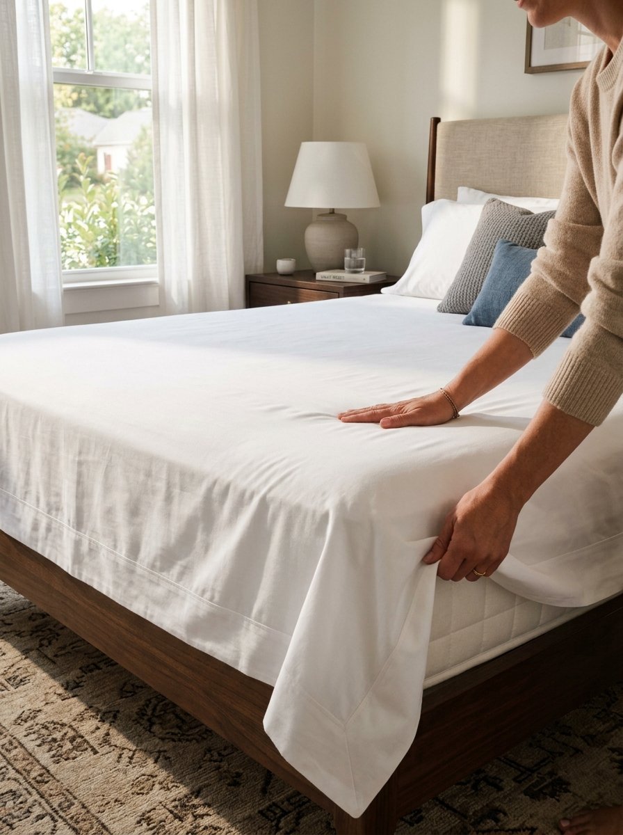 Close-up of hands arranging a clean white flat sheet over a mattress in a sunlit bedroom.