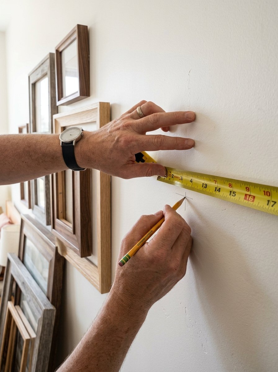 Close-up of hands using a yellow tape measure and pencil to mark a small cross on a white wall near wooden frames.