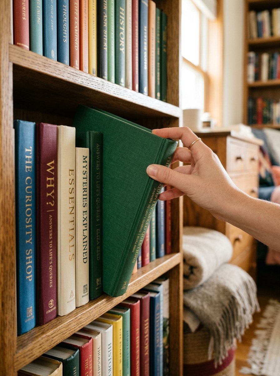 A person reaches out to pull a dark green book from a library bookshelf filled with colorful hardcover volumes.