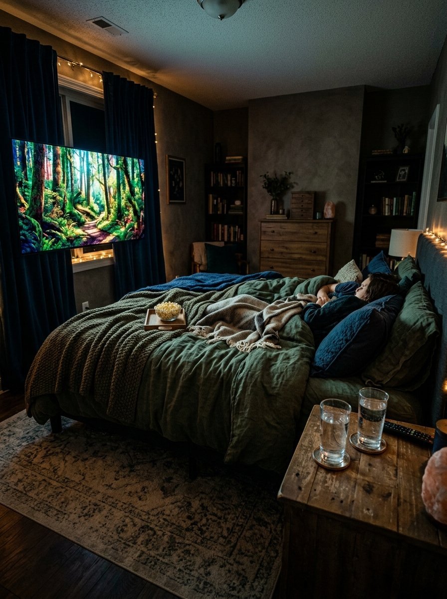 Person resting in a green bed in a dim room with a television showing a forest scene.