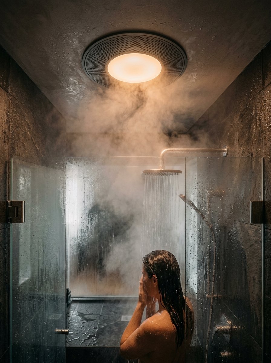 Woman with long dark hair standing under a rain shower head in a dark tiled shower enclosure filled with steam.