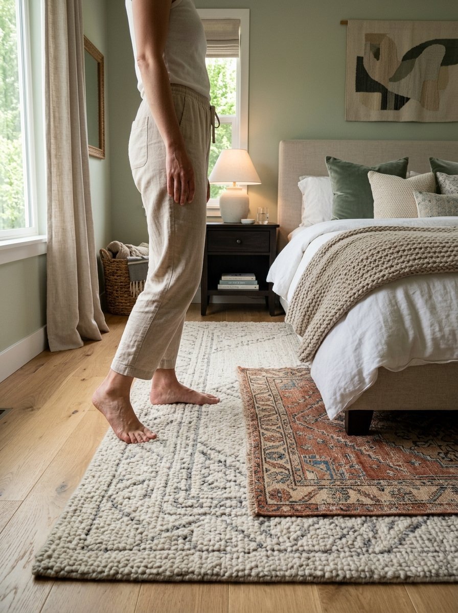 Close-up view of a person's feet stepping onto a cream-colored textured rug next to a modern styled bed.